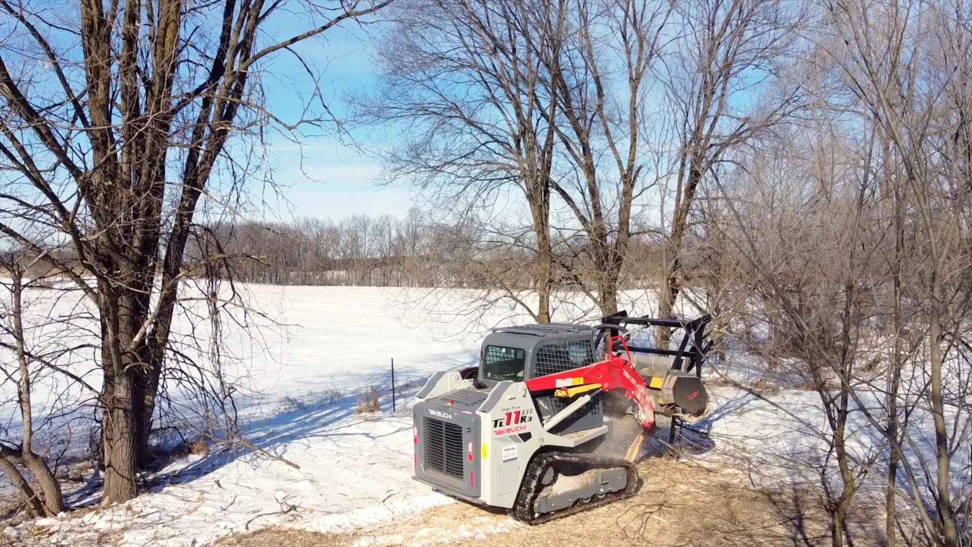 Takeuchi forestry mulcher among trees on a Wisconsin property