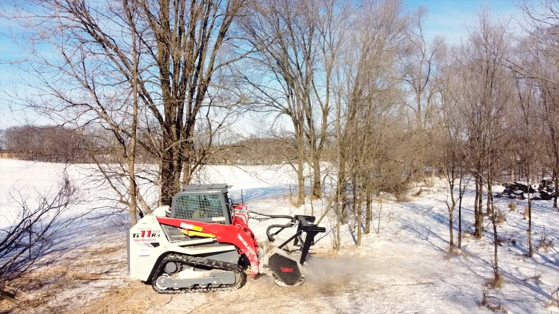 Takeuchi forestry mulcher clearing brush on a central Wisconsin property